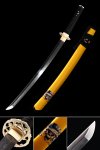 Short Katana, Handmade Wakizashi Sword Damascus Steel With Yellow Scabbard