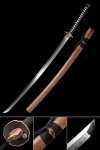 Damascus Steel Katana with Natural Hardwood Saya - Clay Tempered T10 Blade, Real Rayskin, Gold Tsuba