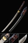 Handmade T10 Carbon Steel Real Hamon Japanese Wakizashi Sword With Black Scabbard And Round Tsuba