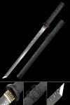 Damascus Steel Ninja Sword Full Tang with Dragon-Carved Black PU Leather Saya - Geometric Gold-Black Tsuba