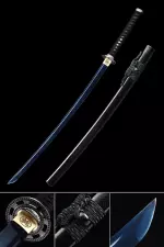 Handmade Japanese Katana Sword With Blue Blade And Black Leather Scabbard