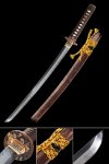 Folded Melaleuca Steel Wakizashi with Tiger Tsuba, Brown Rayskin Saya & Gold Sageo