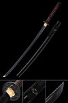 1060 Carbon Steel Katana with Black Dragon Tsuba in Black and Red Cord Wrap - Full Tang Japanese Sword