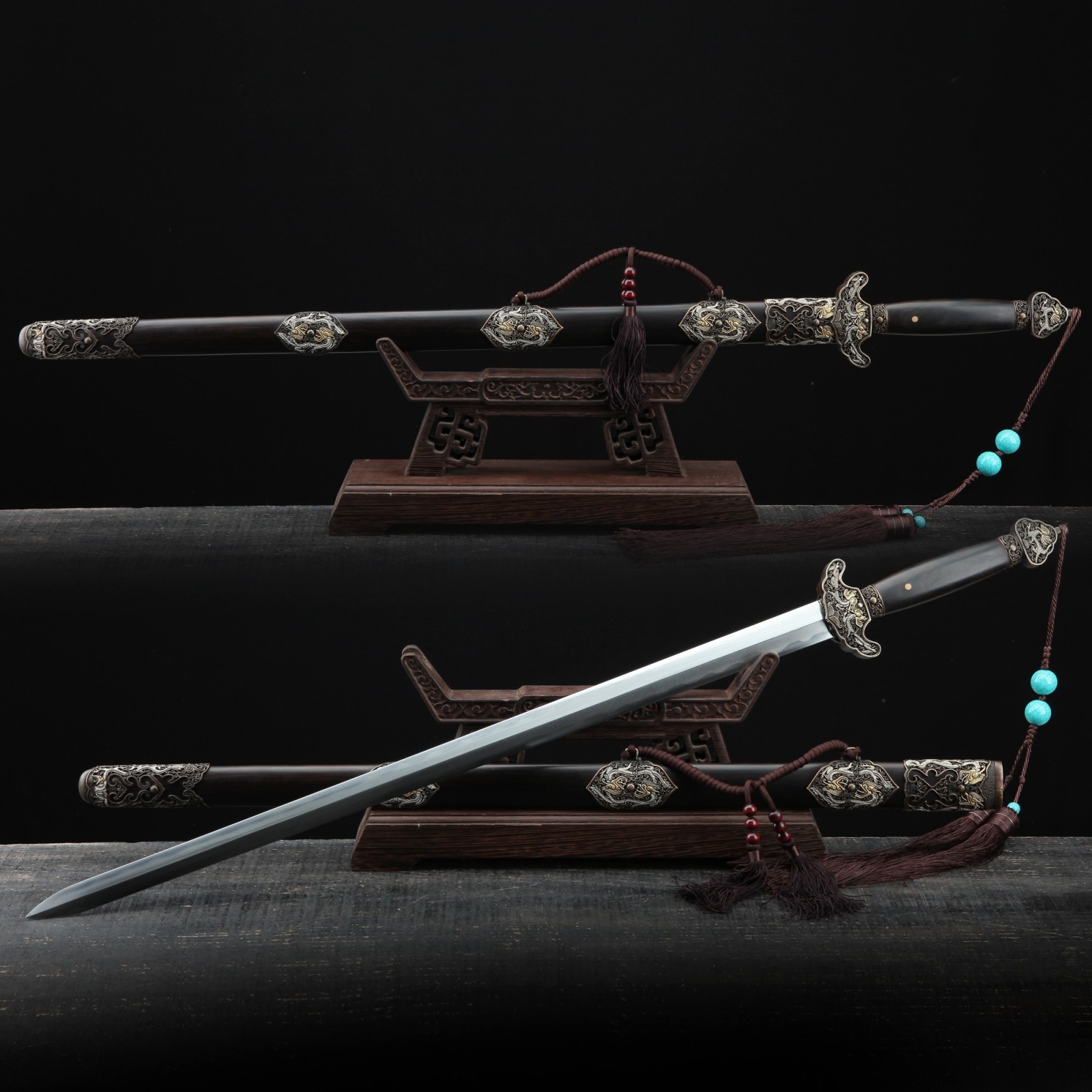 Handmade Black Sandalwood Damascus Steel Dragon Theme Chinese King Swords Handmade Black Sandalwood Damascus Steel Dragon Theme Chinese King Swords