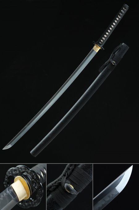 Handmade Japanese Katana Sword T10 Folded Clay Tempered Steel With Black Scabbard