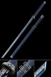 1060 Carbon Steel Ninja Sword with Blue Blade, Dark Blue Dragon Saya & Silver Alloy Tsuba
