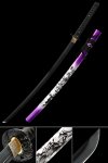 1065 Carbon Steel Katana with Black Blade and Purple Illustrated Saya - Skull Tsuba Collectible Sword