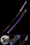 1090 Carbon Steel Purple Katana with Dragon Engraved Blade in Purple Saya with White Stripe Accents