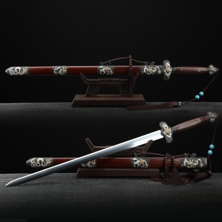 Handmade Red Rosewood Silver Chinese Dragon Theme Damascus Steel Chinese Swords