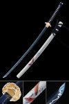 Spring Steel Blue Blade Katana Sword with Koi Carp Painted White Saya and Gold Copper Tsuba